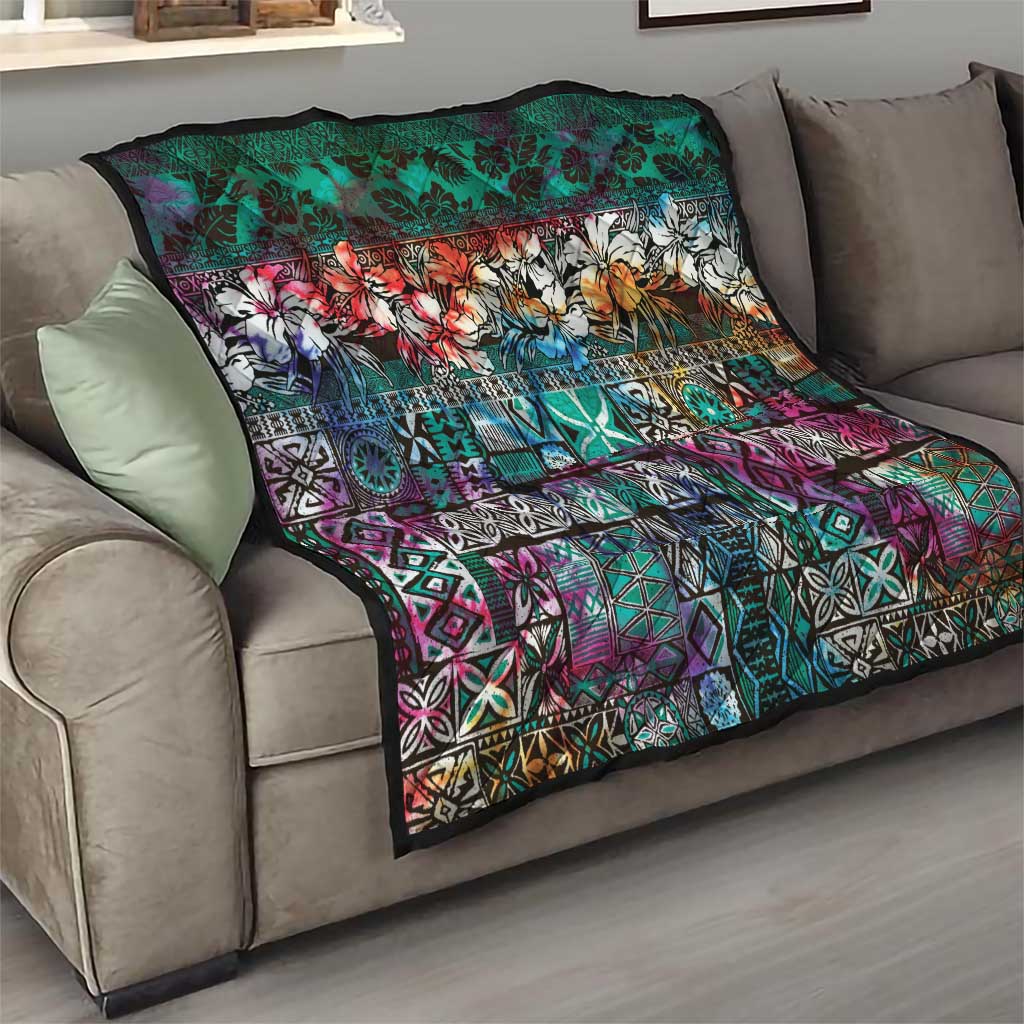 Pacific Hibiscus Tapa Tribal Vintage Quilt Turquoise Motif