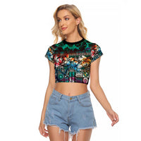 Pacific Hibiscus Tapa Tribal Vintage Raglan Cropped T Shirt Turquoise Motif