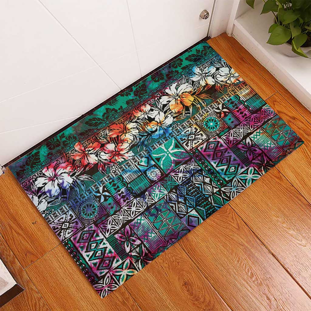 Pacific Hibiscus Tapa Tribal Vintage Rubber Doormat Turquoise Motif