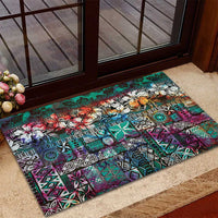 Pacific Hibiscus Tapa Tribal Vintage Rubber Doormat Turquoise Motif