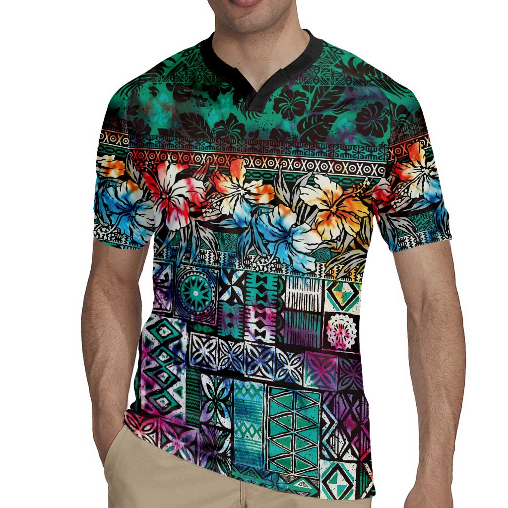 Pacific Hibiscus Tapa Tribal Vintage Rugby Jersey Turquoise Motif