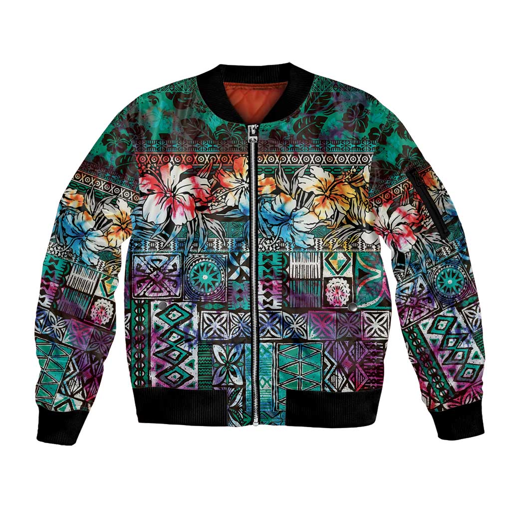 Pacific Hibiscus Tapa Tribal Vintage Sleeve Zip Bomber Jacket Turquoise Motif LT9 Unisex Turquoise - Polynesian Pride