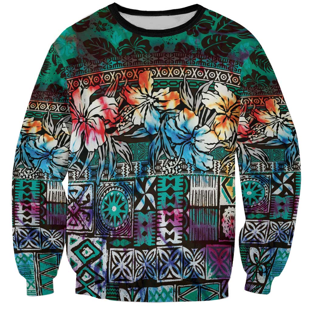 Pacific Hibiscus Tapa Tribal Vintage Sweatshirt Turquoise Motif