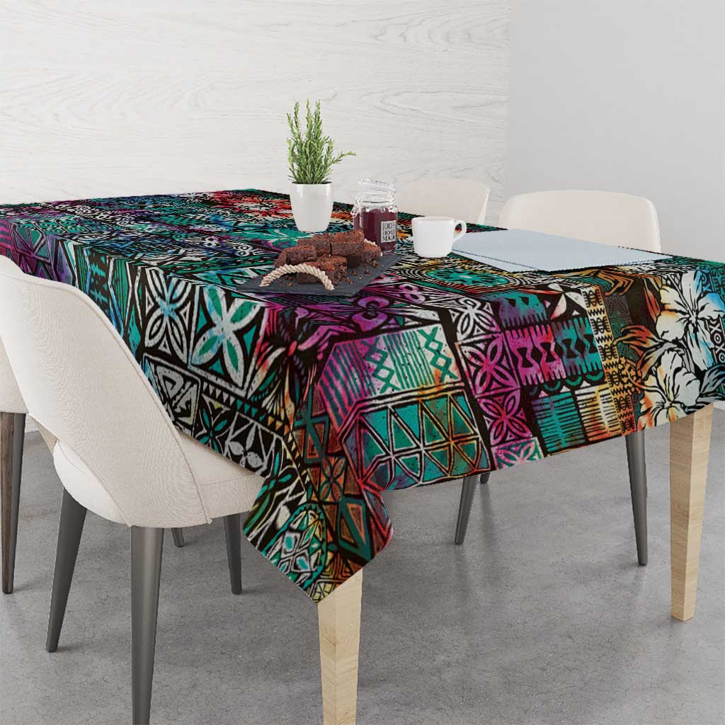 Pacific Hibiscus Tapa Tribal Vintage Tablecloth Turquoise Motif