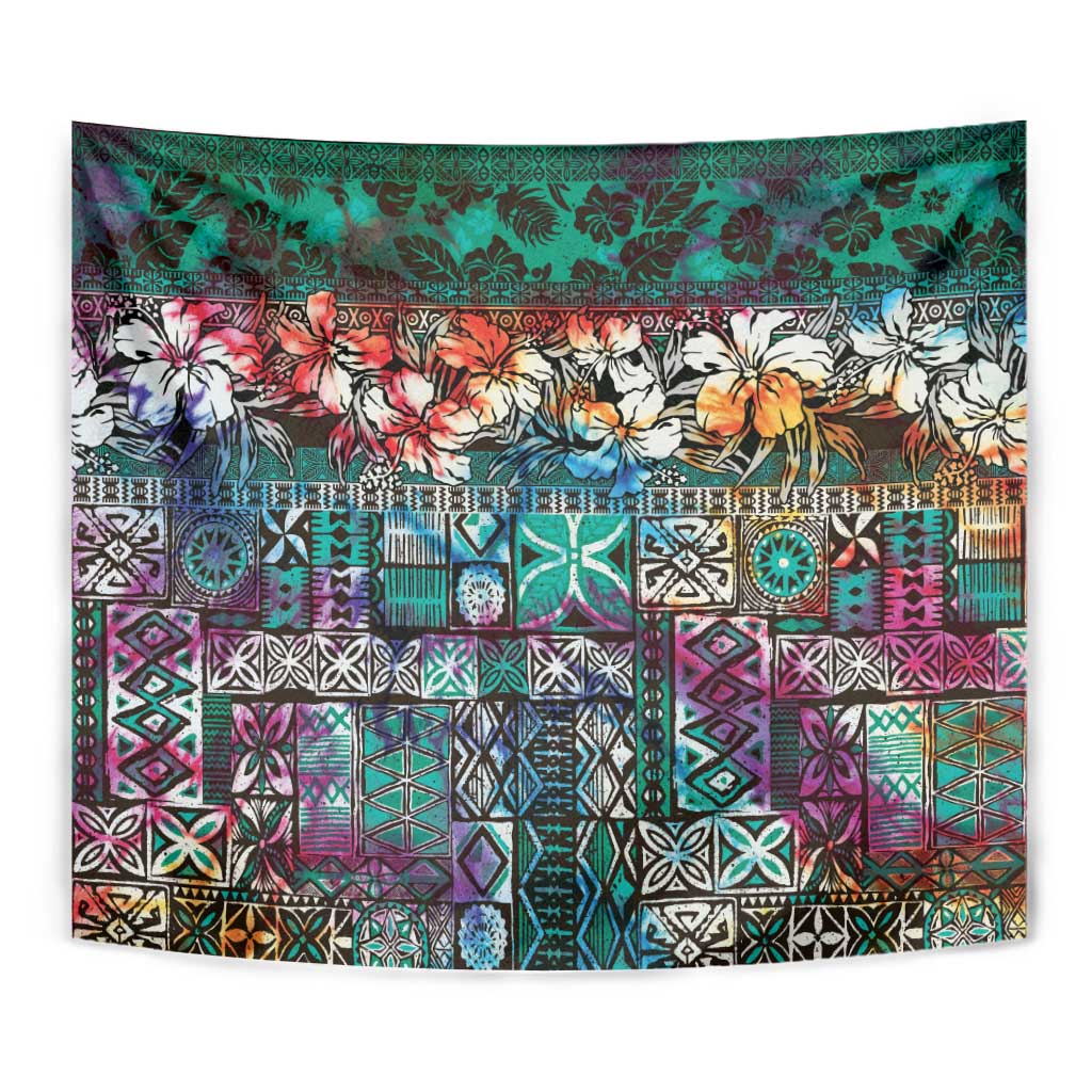 Pacific Hibiscus Tapa Tribal Vintage Tapestry Turquoise Motif