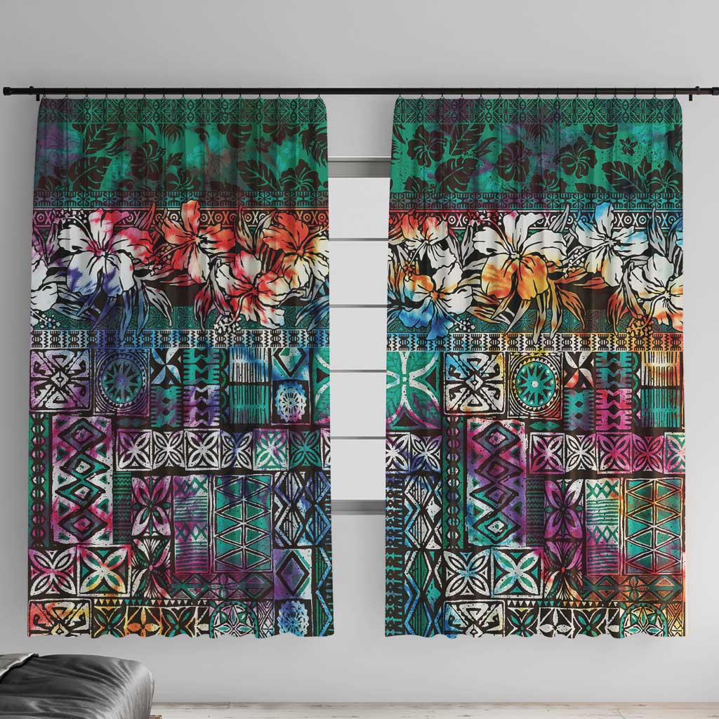 Pacific Hibiscus Tapa Tribal Vintage Window Curtain Turquoise Motif LT9 With Hooks Turquoise - Polynesian Pride