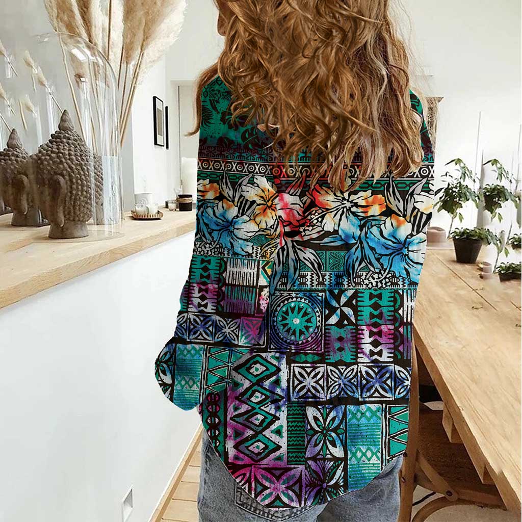 Pacific Hibiscus Tapa Tribal Vintage Women Casual Shirt Turquoise Motif
