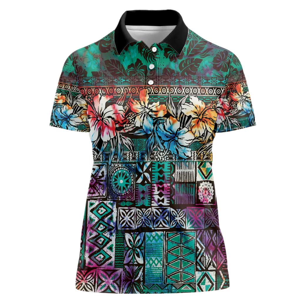 Pacific Hibiscus Tapa Tribal Vintage Women Polo Shirt Turquoise Motif