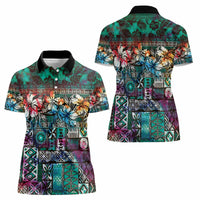 Pacific Hibiscus Tapa Tribal Vintage Women Polo Shirt Turquoise Motif