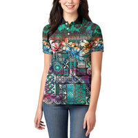 Pacific Hibiscus Tapa Tribal Vintage Women Polo Shirt Turquoise Motif