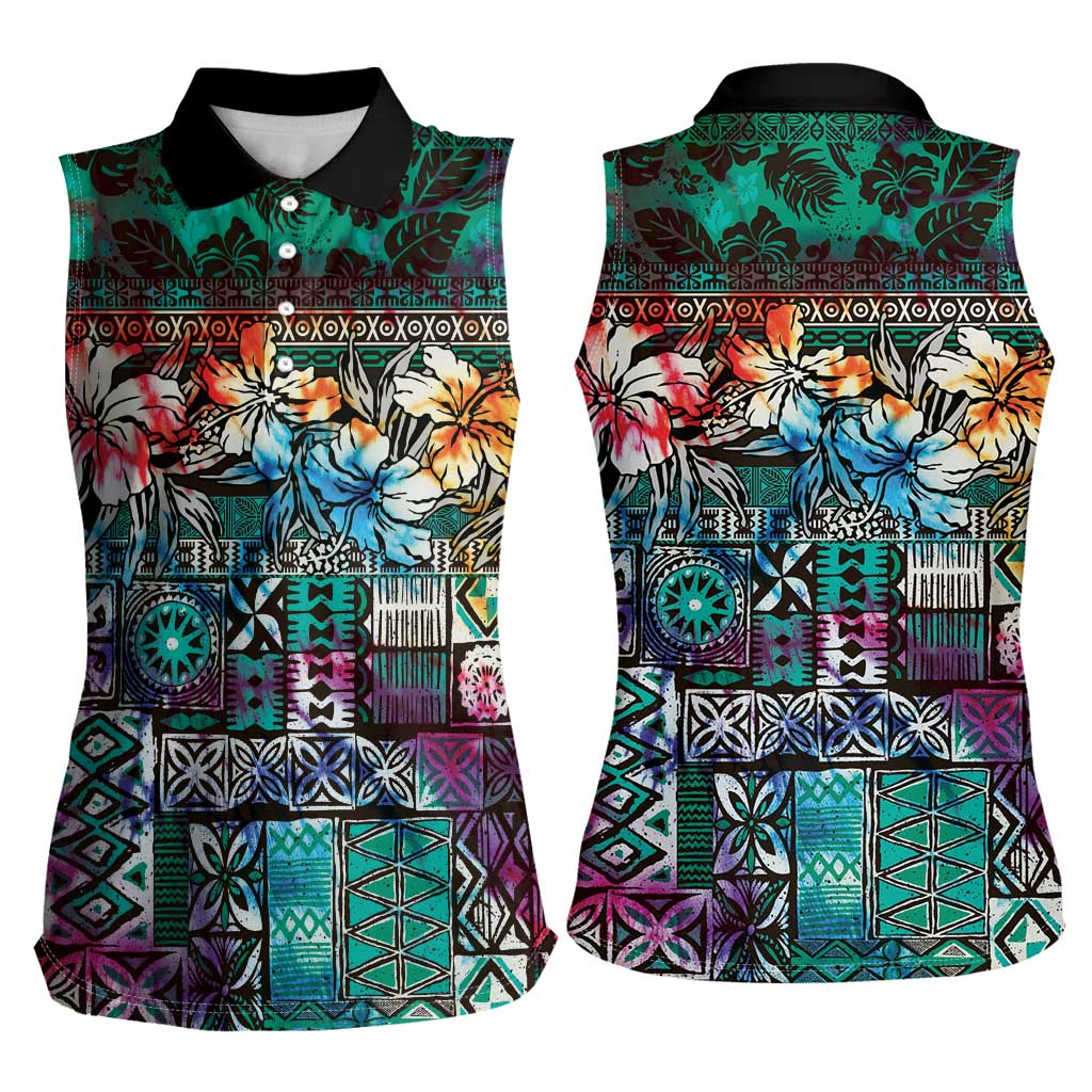 Pacific Hibiscus Tapa Tribal Vintage Women Sleeveless Polo Shirt Turquoise Motif