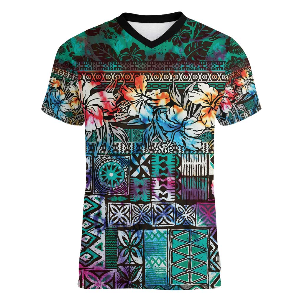 Pacific Hibiscus Tapa Tribal Vintage Women V-Neck T-Shirt Turquoise Motif