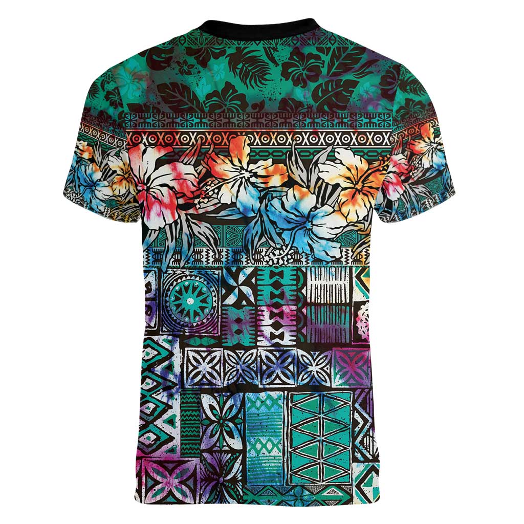 Pacific Hibiscus Tapa Tribal Vintage Women V-Neck T-Shirt Turquoise Motif