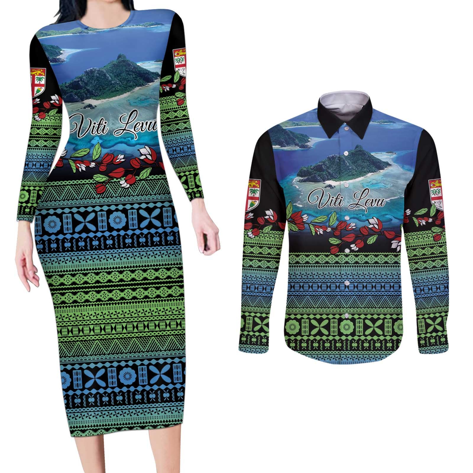 Personalised Fiji Viti Levu Couples Matching Long Sleeve Bodycon Dress and Long Sleeve Button Shirt Tagimoucia and Tapa Tribal Pattern LT9 Blue - Polynesian Pride