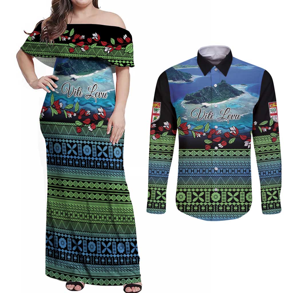 Personalised Fiji Viti Levu Couples Matching Off Shoulder Maxi Dress and Long Sleeve Button Shirt Tagimoucia and Tapa Tribal Pattern LT9 Blue - Polynesian Pride
