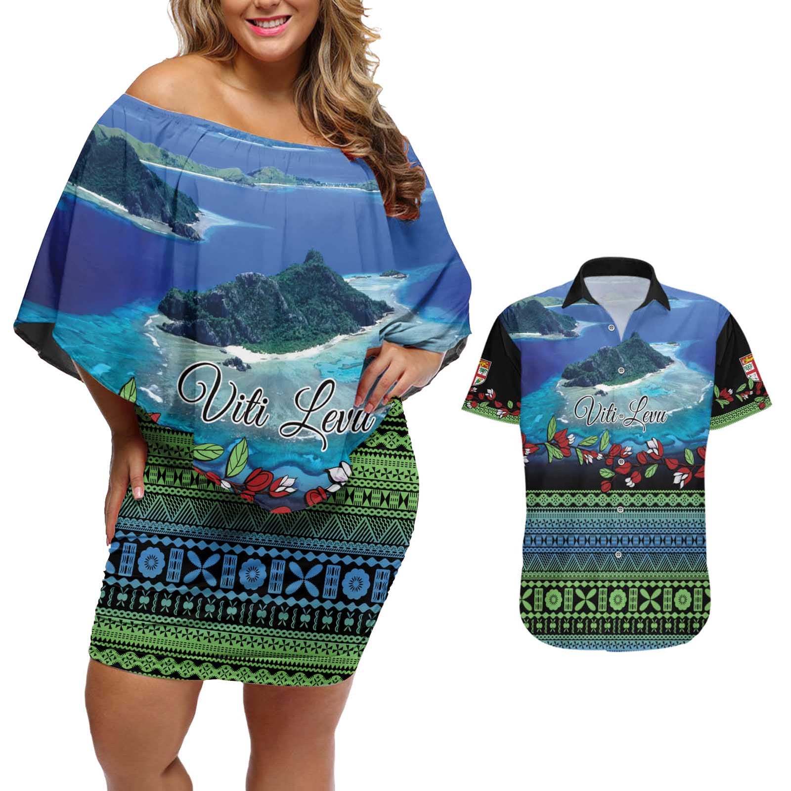 Personalised Fiji Viti Levu Couples Matching Off Shoulder Short Dress and Hawaiian Shirt Tagimoucia and Tapa Tribal Pattern LT9 Blue - Polynesian Pride
