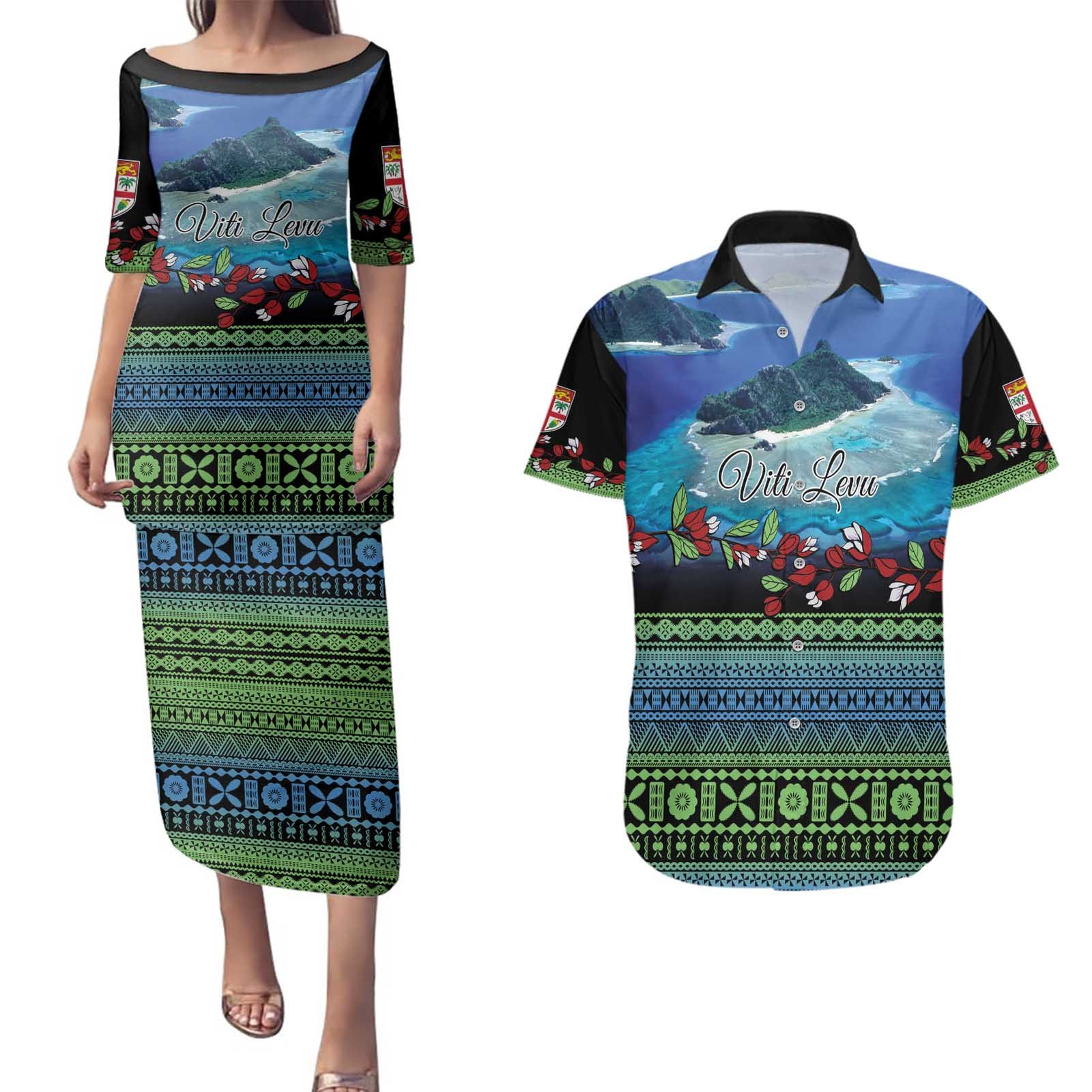 Personalised Fiji Viti Levu Couples Matching Puletasi and Hawaiian Shirt Tagimoucia and Tapa Tribal Pattern LT9 Blue - Polynesian Pride