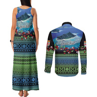 Personalised Fiji Viti Levu Couples Matching Tank Maxi Dress and Long Sleeve Button Shirt Tagimoucia and Tapa Tribal Pattern