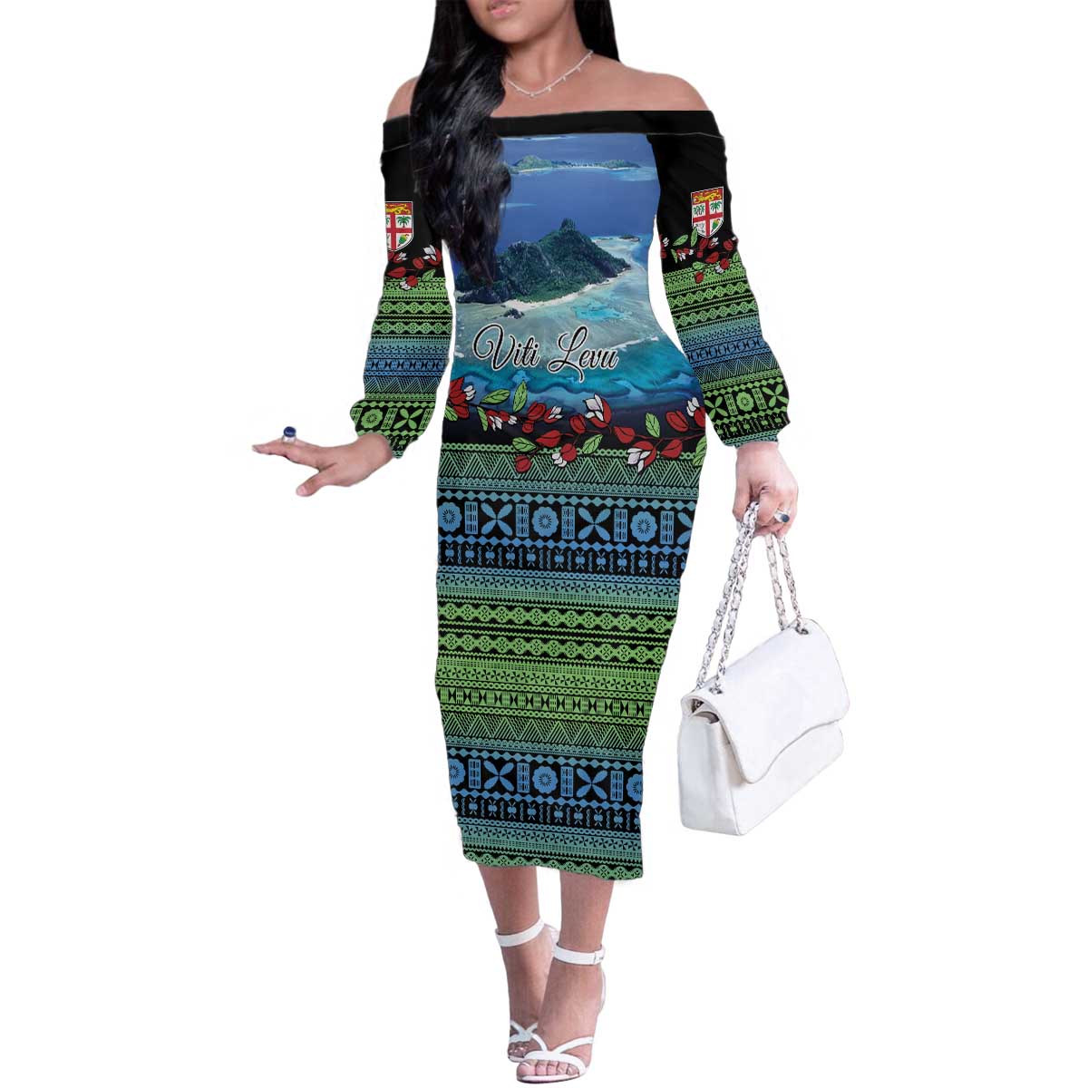 Personalised Fiji Viti Levu Family Matching Off The Shoulder Long Sleeve Dress and Hawaiian Shirt Tagimoucia and Tapa Tribal Pattern