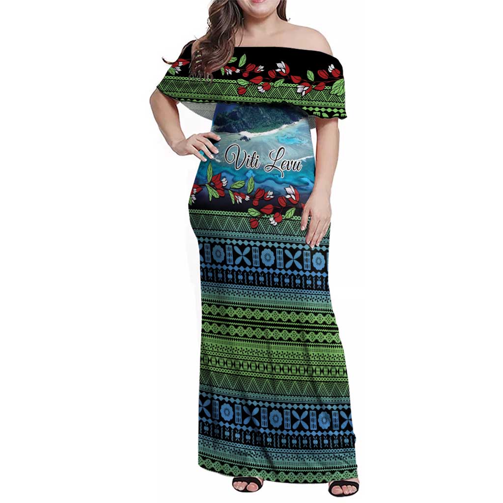 Personalised Fiji Viti Levu Family Matching Off Shoulder Maxi Dress and Hawaiian Shirt Tagimoucia and Tapa Tribal Pattern