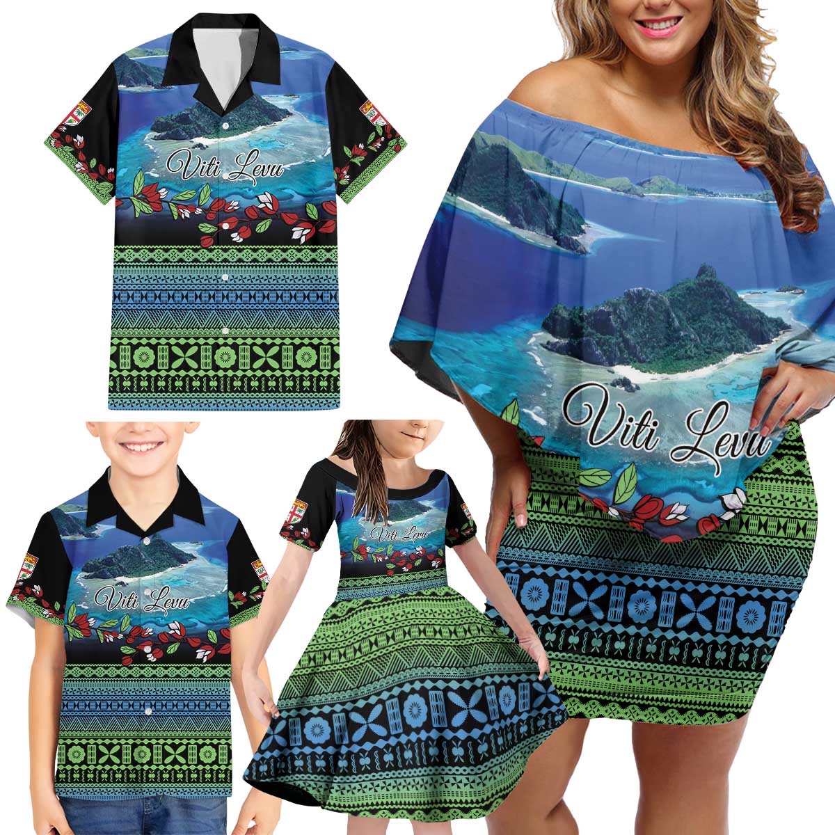 Personalised Fiji Viti Levu Family Matching Off Shoulder Short Dress and Hawaiian Shirt Tagimoucia and Tapa Tribal Pattern LT9 - Polynesian Pride