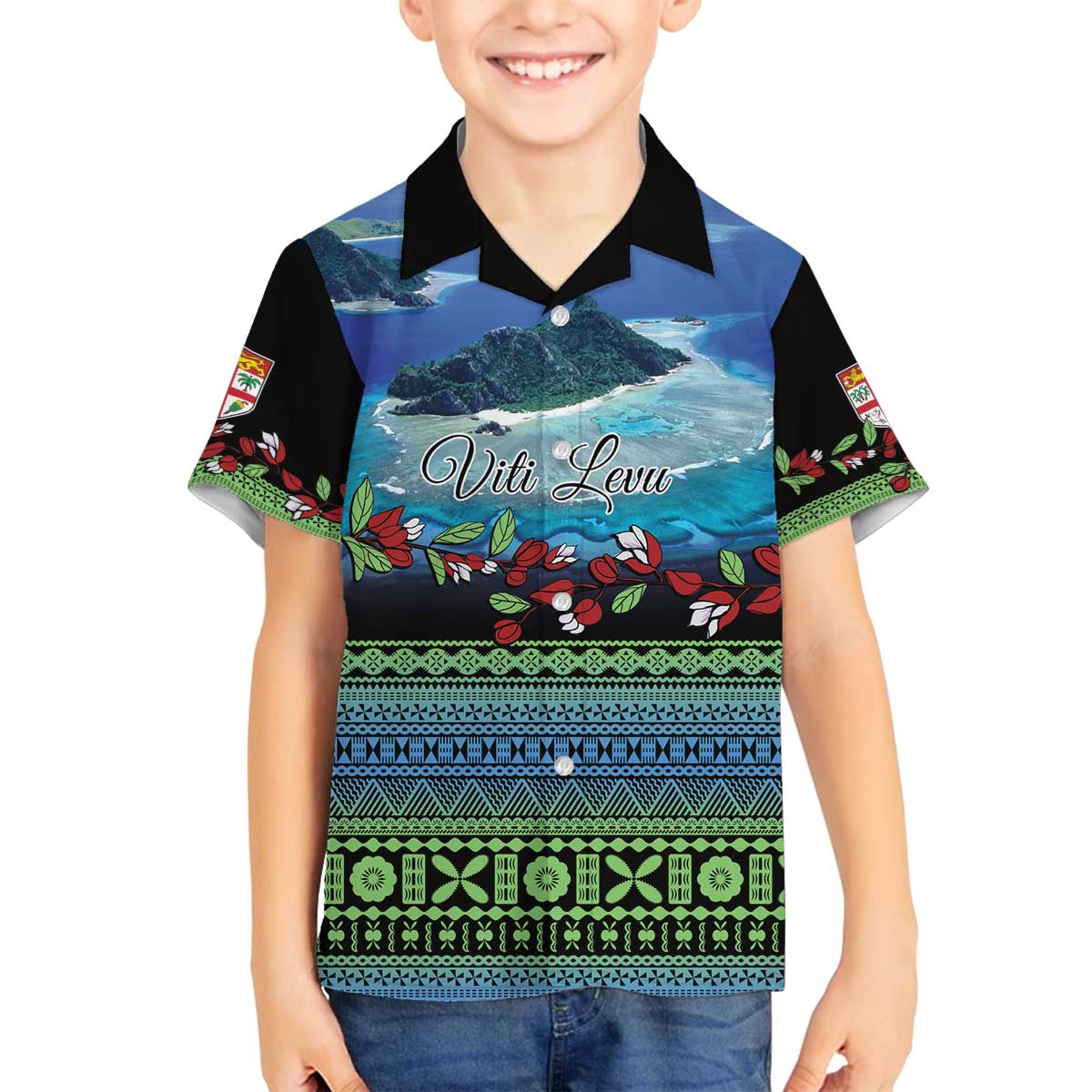 Personalised Fiji Viti Levu Family Matching Off Shoulder Short Dress and Hawaiian Shirt Tagimoucia and Tapa Tribal Pattern