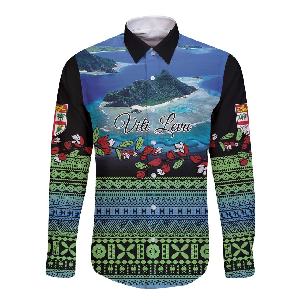 Personalised Fiji Viti Levu Long Sleeve Button Shirt Tagimoucia and Tapa Tribal Pattern LT9 Unisex Blue - Polynesian Pride