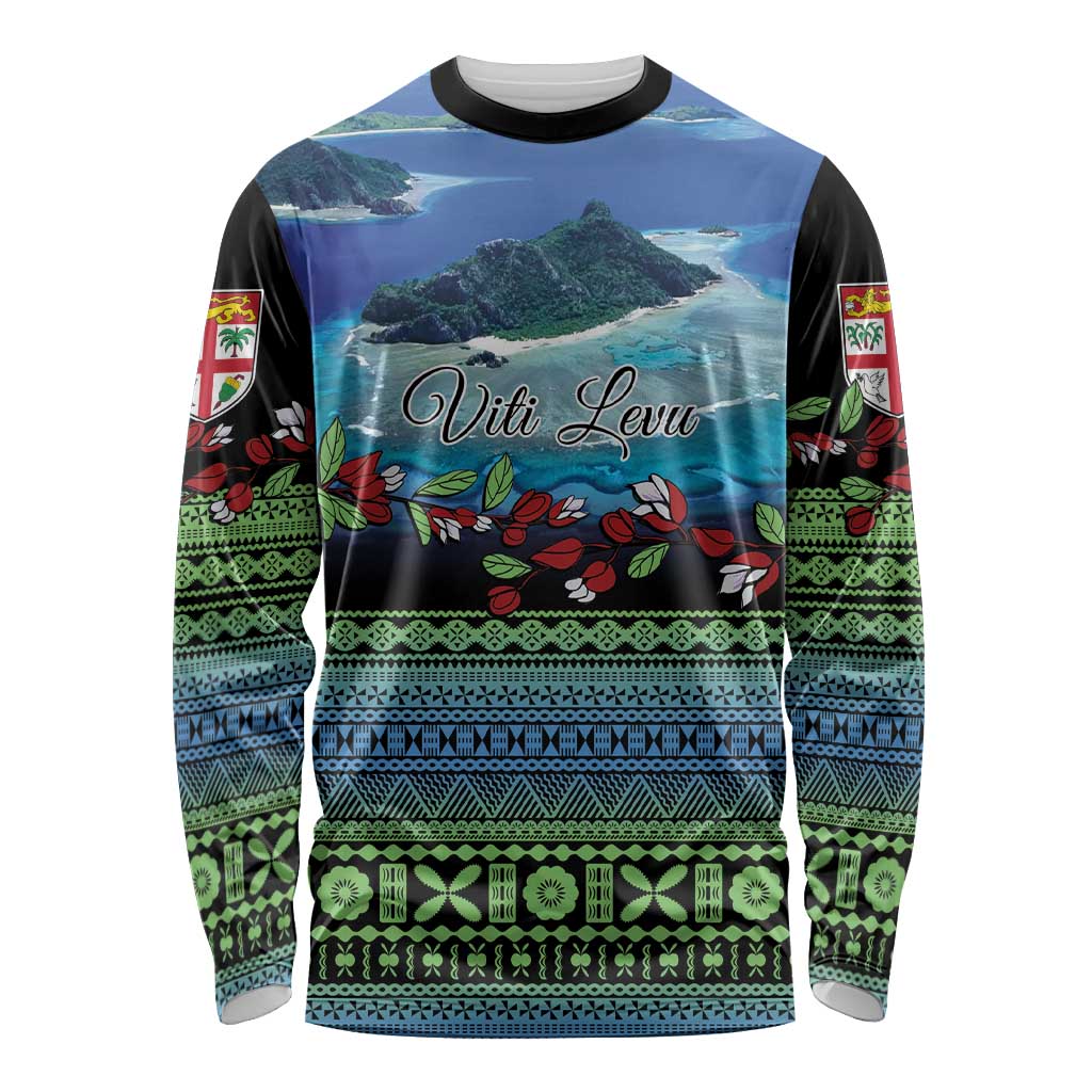 Personalised Fiji Viti Levu Long Sleeve Shirt Tagimoucia and Tapa Tribal Pattern LT9 Unisex Blue - Polynesian Pride