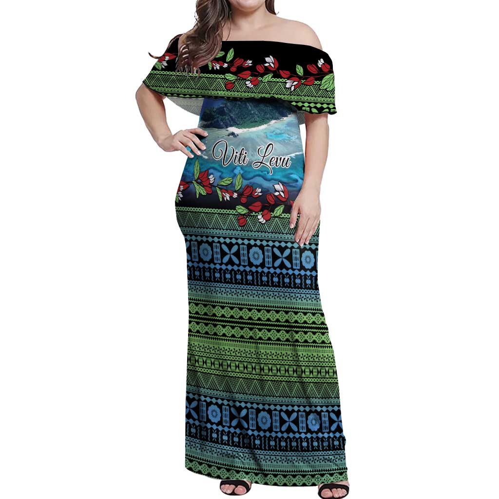 Personalised Fiji Viti Levu Off Shoulder Maxi Dress Tagimoucia and Tapa Tribal Pattern LT9 Women Blue - Polynesian Pride