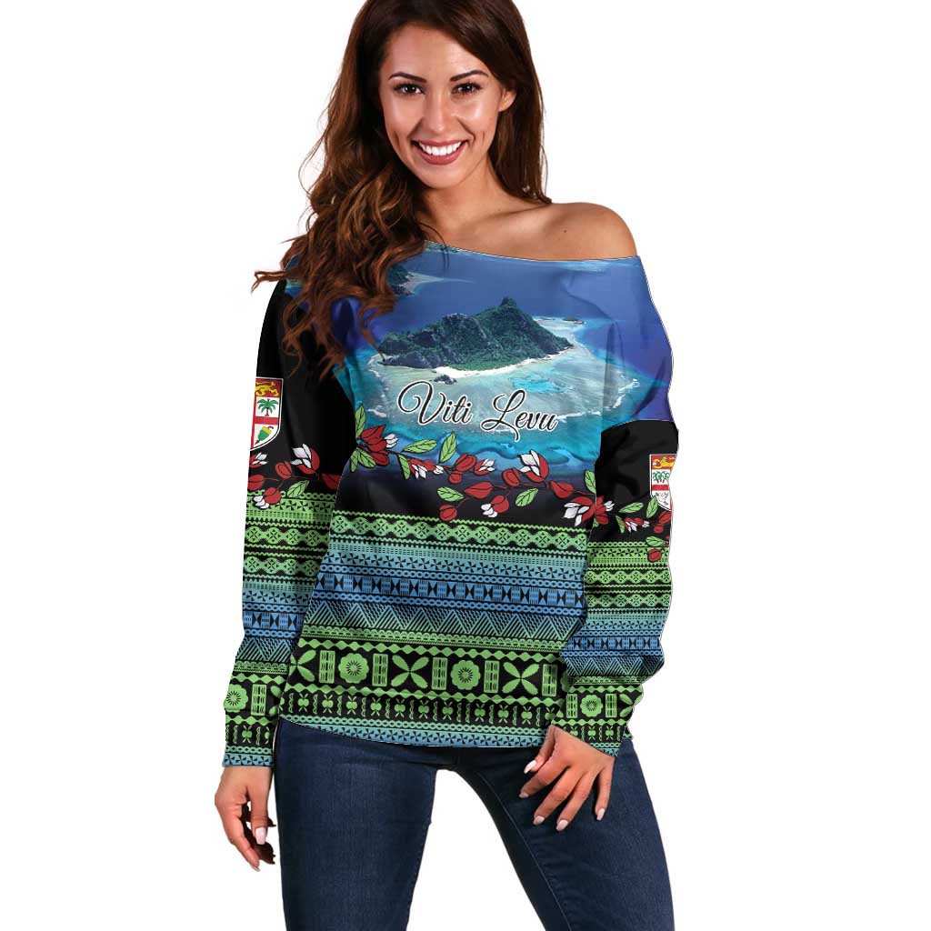 Personalised Fiji Viti Levu Off Shoulder Sweater Tagimoucia and Tapa Tribal Pattern LT9 Women Blue - Polynesian Pride
