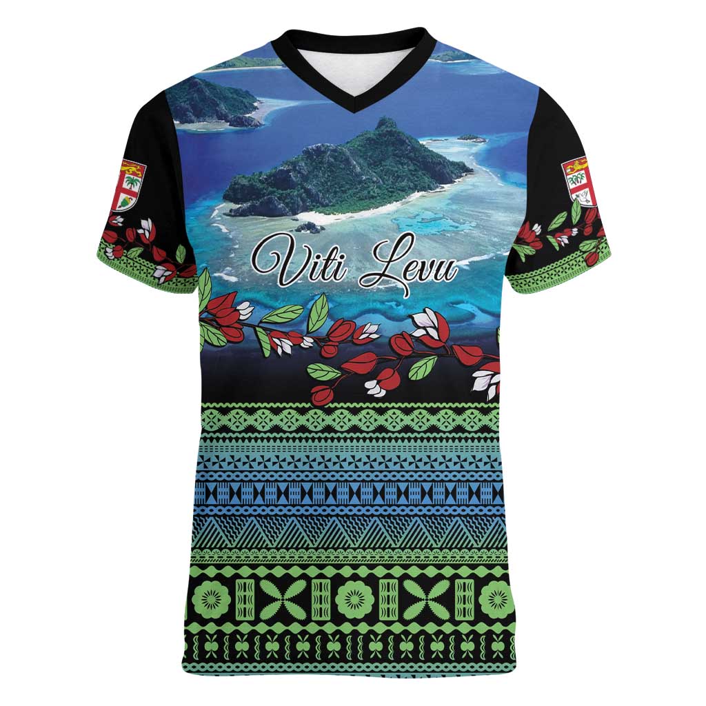 Personalised Fiji Viti Levu Women V-Neck T-Shirt Tagimoucia and Tapa Tribal Pattern LT9 Female Blue - Polynesian Pride