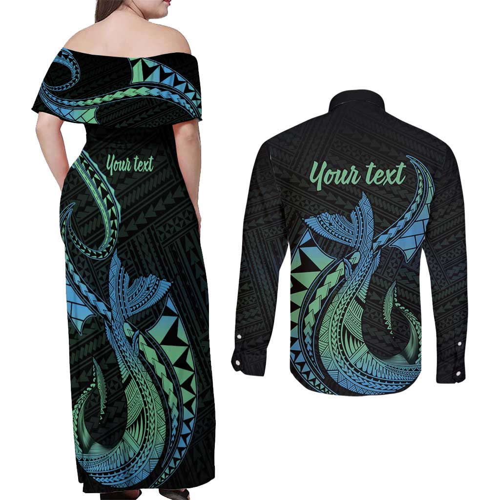 Personalised Hawaii Kure Atoll Couples Matching Off Shoulder Maxi Dress and Long Sleeve Button Shirt Holaniku Coral Reef with Polynesian Tribal