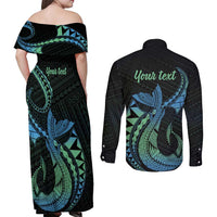 Personalised Hawaii Kure Atoll Couples Matching Off Shoulder Maxi Dress and Long Sleeve Button Shirt Holaniku Coral Reef with Polynesian Tribal