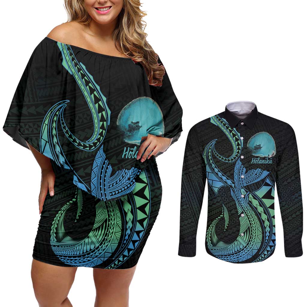 Personalised Hawaii Kure Atoll Couples Matching Off Shoulder Short Dress and Long Sleeve Button Shirt Holaniku Coral Reef with Polynesian Tribal