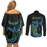 Personalised Hawaii Kure Atoll Couples Matching Off Shoulder Short Dress and Long Sleeve Button Shirt Holaniku Coral Reef with Polynesian Tribal