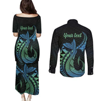 Personalised Hawaii Kure Atoll Couples Matching Puletasi and Long Sleeve Button Shirt Holaniku Coral Reef with Polynesian Tribal