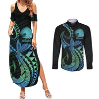 Personalised Hawaii Kure Atoll Couples Matching Summer Maxi Dress and Long Sleeve Button Shirt Holaniku Coral Reef with Polynesian Tribal