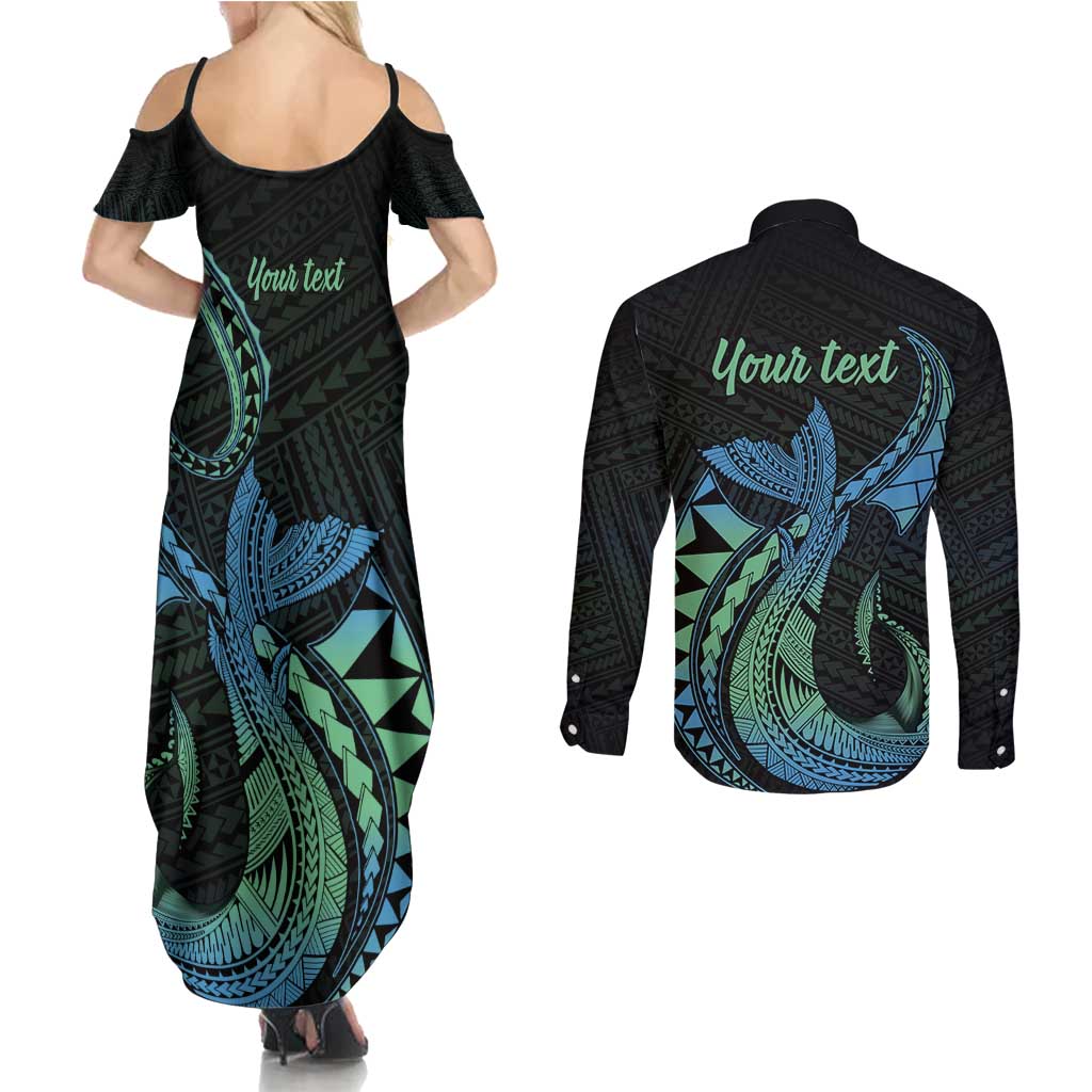 Personalised Hawaii Kure Atoll Couples Matching Summer Maxi Dress and Long Sleeve Button Shirt Holaniku Coral Reef with Polynesian Tribal