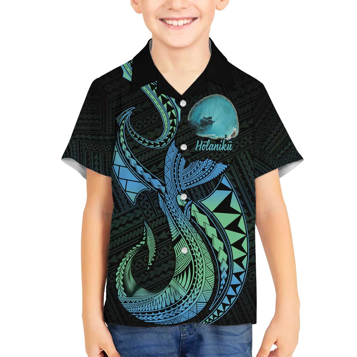 Personalised Hawaii Kure Atoll Family Matching Off The Shoulder Long Sleeve Dress and Hawaiian Shirt Holaniku Coral Reef with Polynesian Tribal