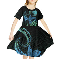 Personalised Hawaii Kure Atoll Kid Short Sleeve Dress Holaniku Coral Reef with Polynesian Tribal