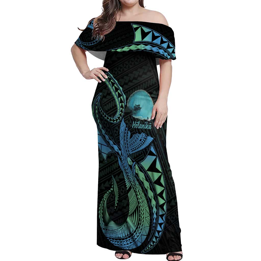 Personalised Hawaii Kure Atoll Off Shoulder Maxi Dress Holaniku Coral Reef with Polynesian Tribal