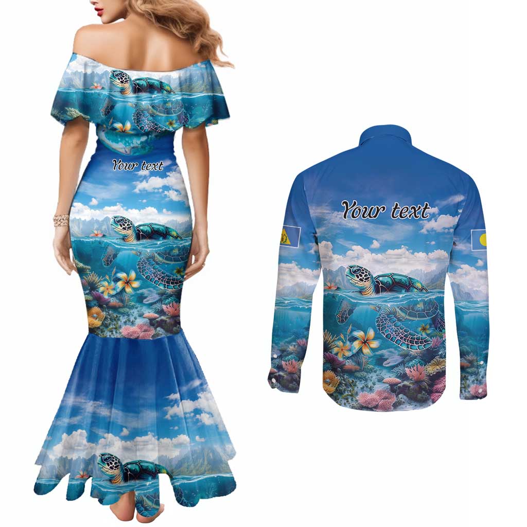 Personalised Palau Kayangel Atoll Couples Matching Mermaid Dress and Long Sleeve Button Shirt Turtle With Coral Reef Under Water