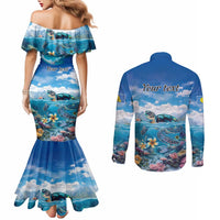 Personalised Palau Kayangel Atoll Couples Matching Mermaid Dress and Long Sleeve Button Shirt Turtle With Coral Reef Under Water