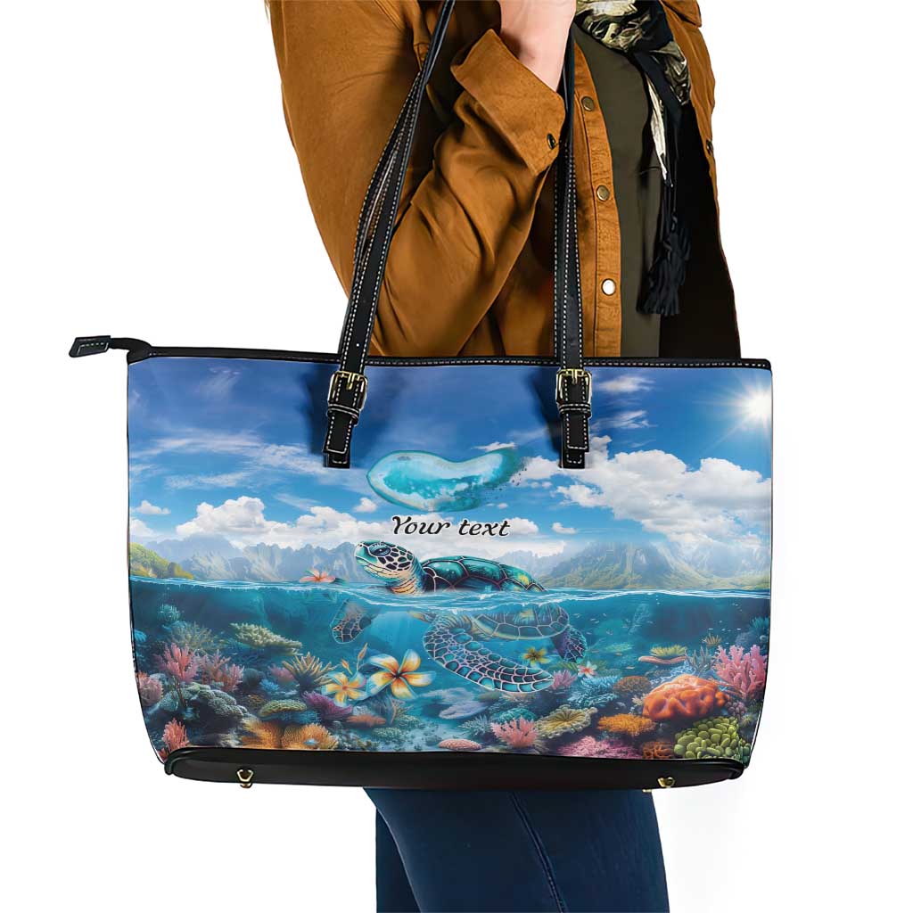 Personalised Palau Kayangel Atoll Leather Tote Bag Turtle With Coral Reef Under Water