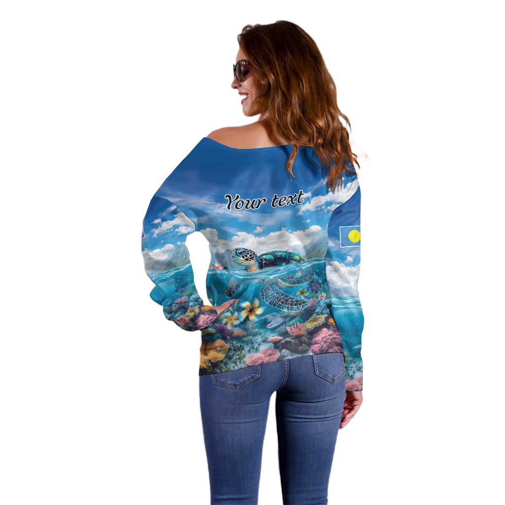 Personalised Palau Kayangel Atoll Off Shoulder Sweater Turtle With Coral Reef Under Water