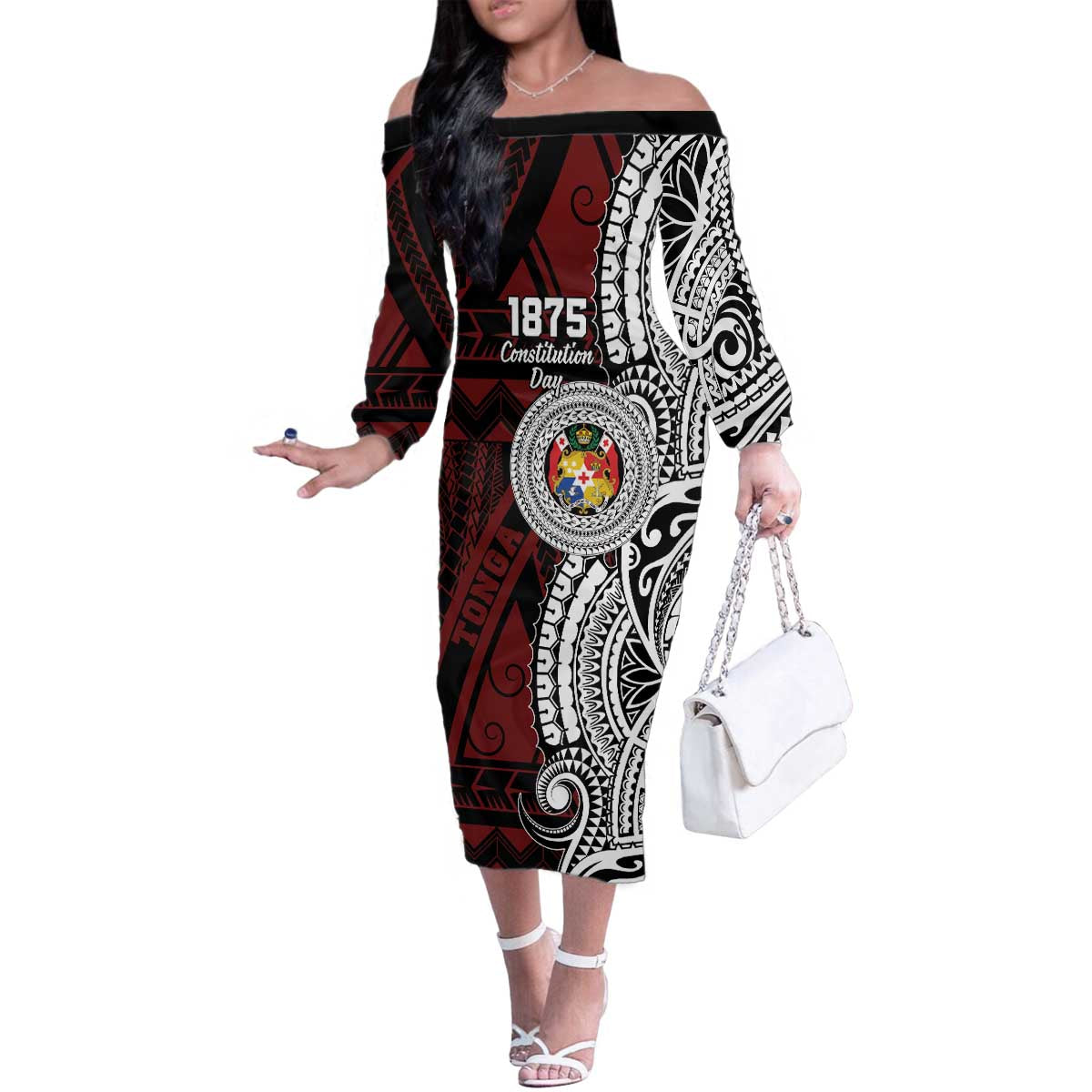 Personalised Tonga Constitution Day 1875 Family Matching Off The Shoulder Long Sleeve Dress and Hawaiian Shirt Polynesian Tribal Tattoo