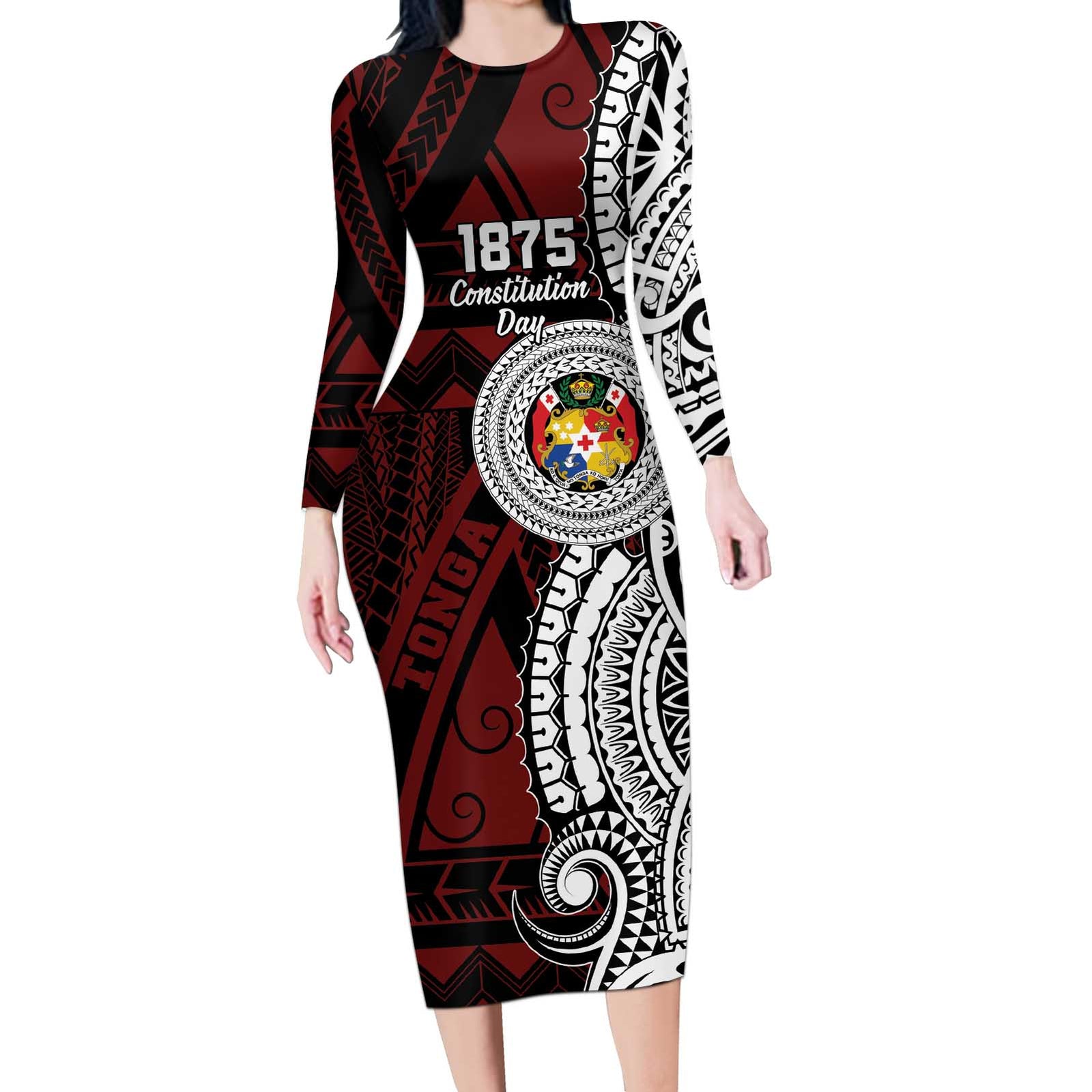 Personalised Tonga Constitution Day 1875 Long Sleeve Bodycon Dress Polynesian Tribal Tattoo LT9 Long Dress Red - Polynesian Pride