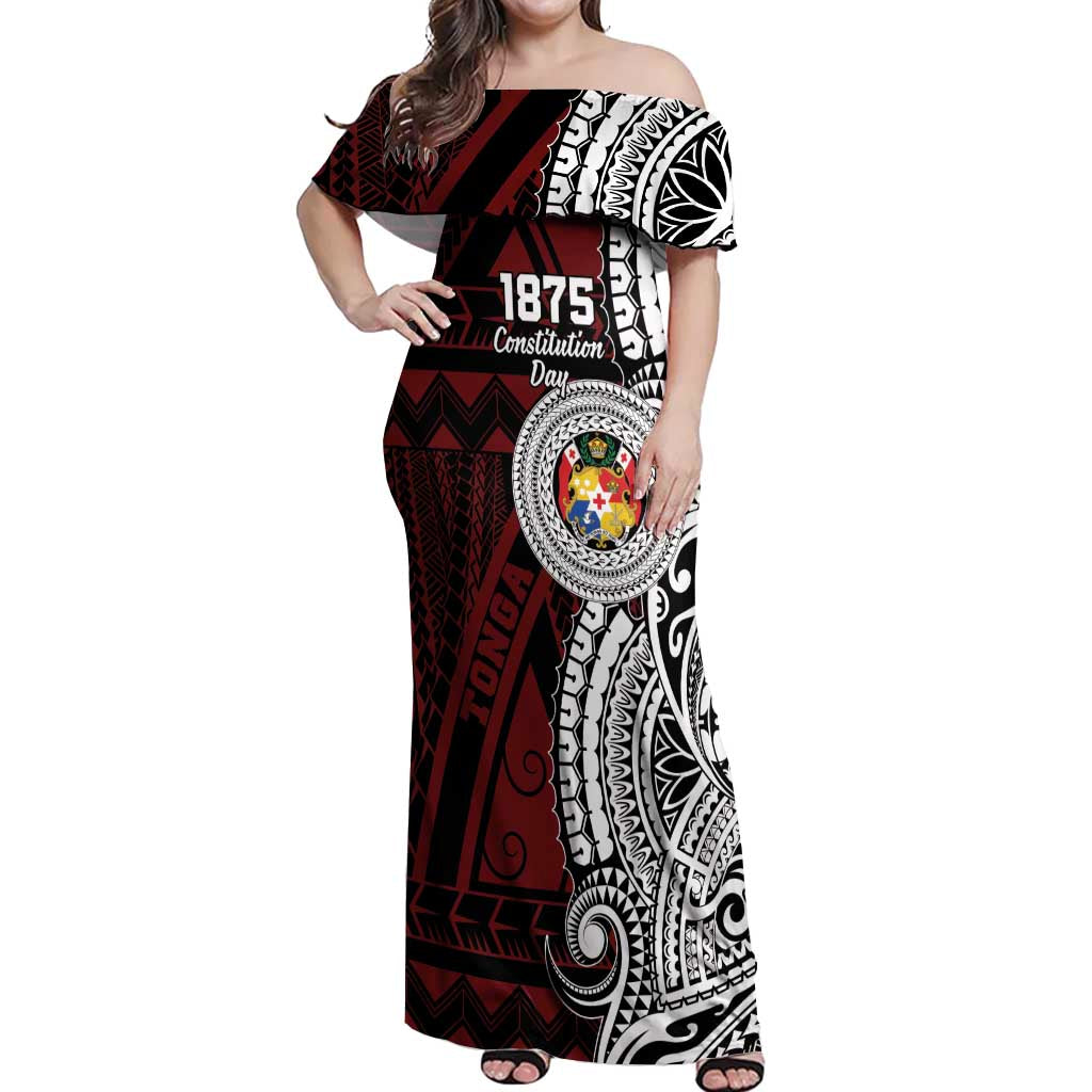 Personalised Tonga Constitution Day 1875 Off Shoulder Maxi Dress Polynesian Tribal Tattoo LT9 Women Red - Polynesian Pride