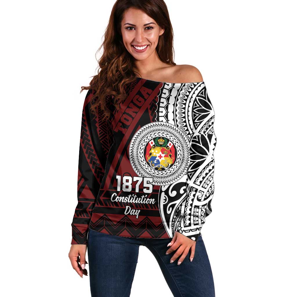 Personalised Tonga Constitution Day 1875 Off Shoulder Sweater Polynesian Tribal Tattoo LT9 Women Red - Polynesian Pride