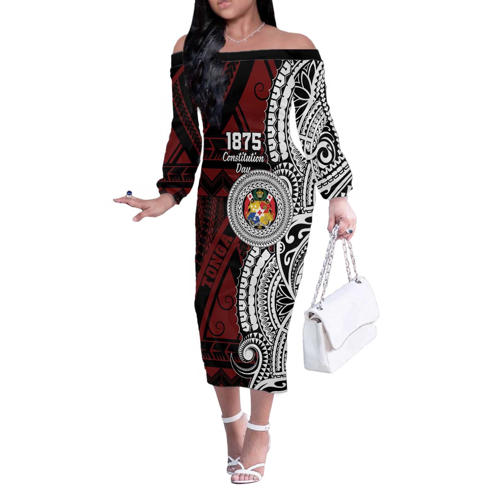 Personalised Tonga Constitution Day 1875 Off The Shoulder Long Sleeve Dress Polynesian Tribal Tattoo LT9 Women Red - Polynesian Pride